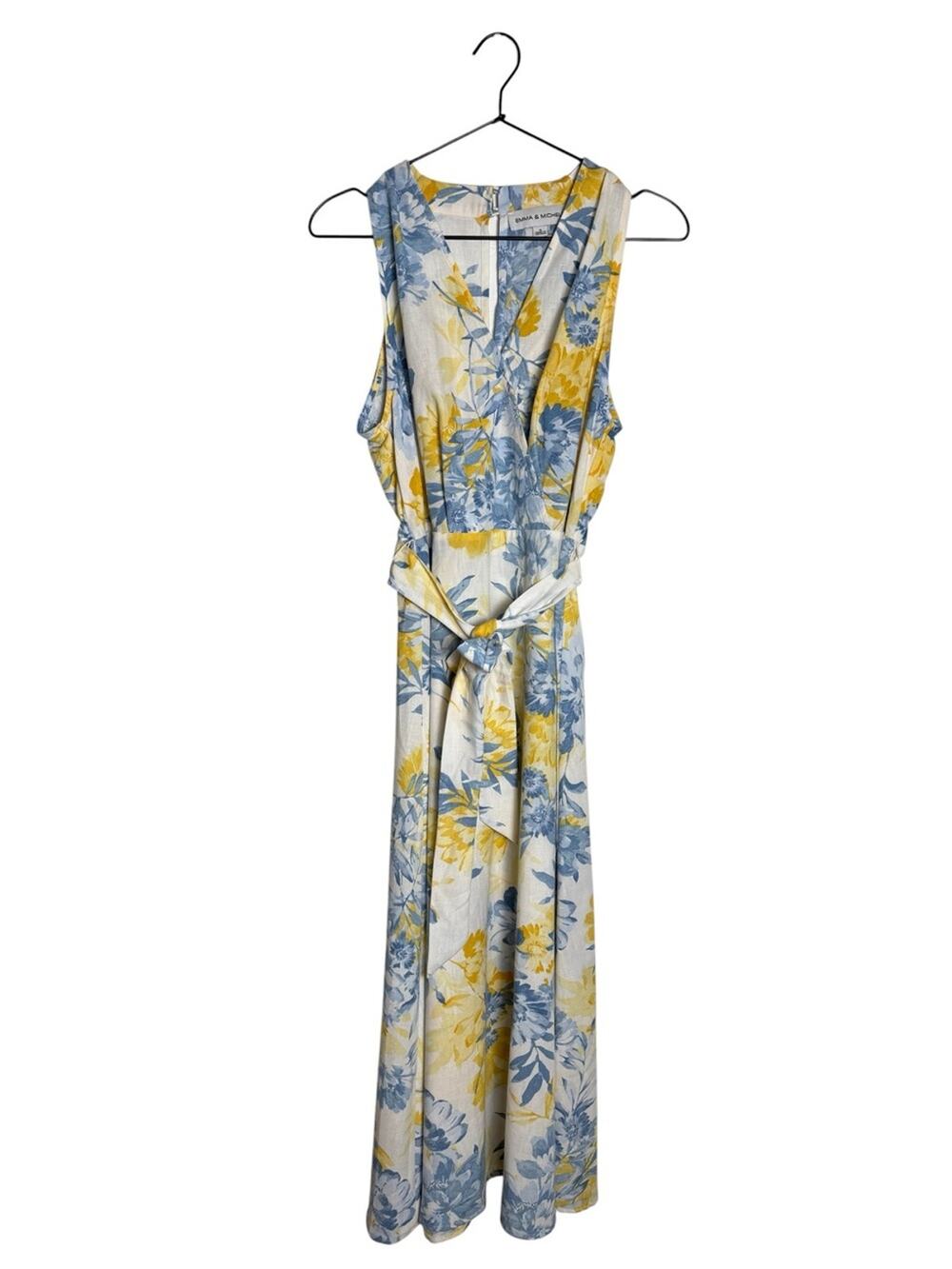 Emma & Michele Floral Faux Wrap Midi Dress Blue Yellow Tie Waist Sleeveless